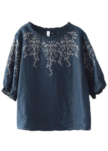 Handmade Navy Lantern Sleeve O-neck Embroideried Summer Ramie Blouses