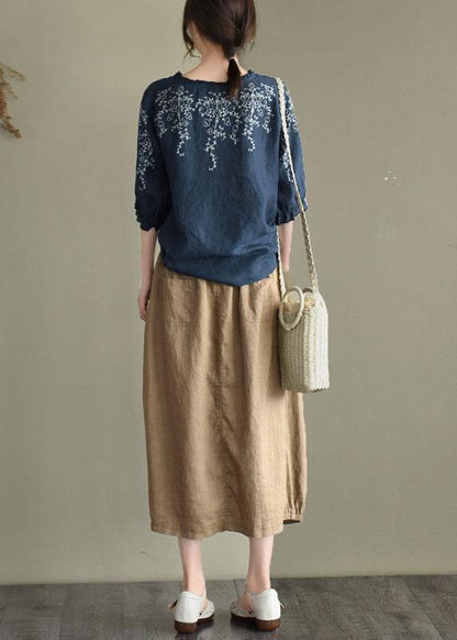 Handmade Navy Lantern Sleeve Ruffled Summer Cotton Linen Shirt Tops