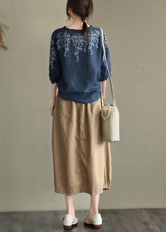 Handmade Navy Lantern Sleeve Ruffled Summer Cotton Linen Shirt Tops