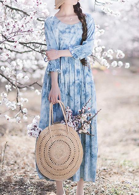 Handmade O-neck Drawstring Summer Soft Long Blue Dress