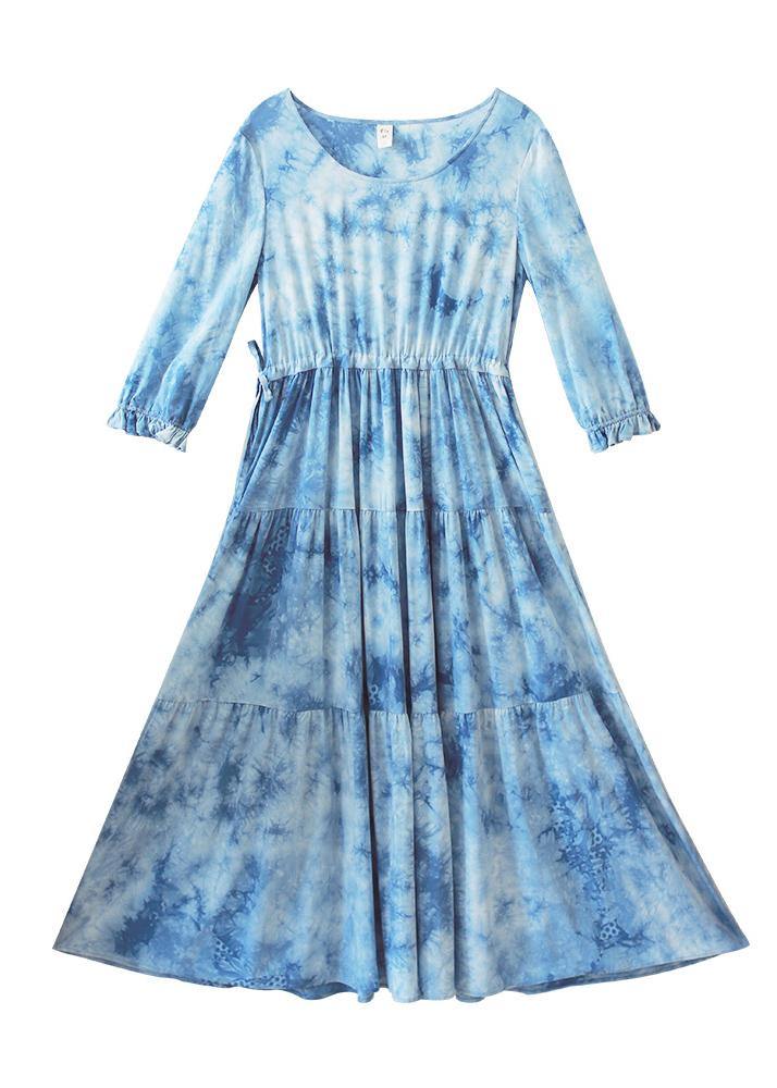 Handmade O-neck Drawstring Summer Soft Long Blue Dress