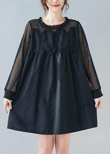Handmade O Neck Patchwork Lace Dresses Shape Black Dresses