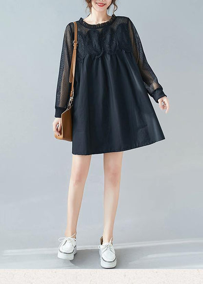 Handmade O Neck Patchwork Lace Dresses Shape Black Dresses