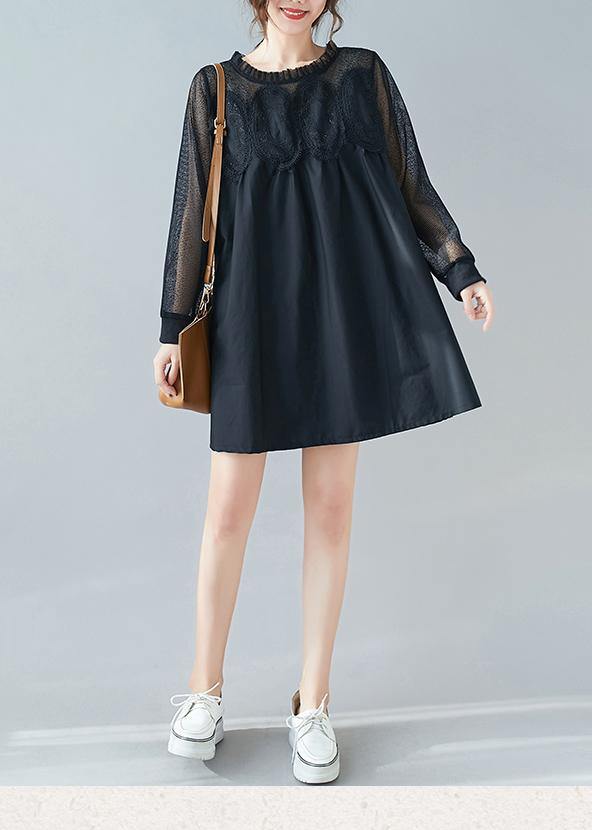 Handmade O Neck Patchwork Lace Dresses Shape Black Dresses