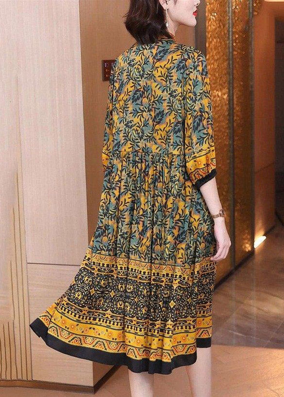 Handmade O-neck Print Button Wrinkled Silk Maxi Dresses Long Sleeve