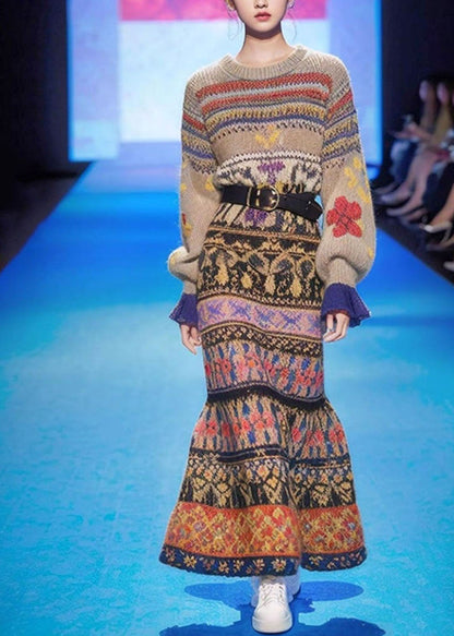 Handmade O-neck Print Cotton Knit Long a Line Sweater Dress Long Sleeve