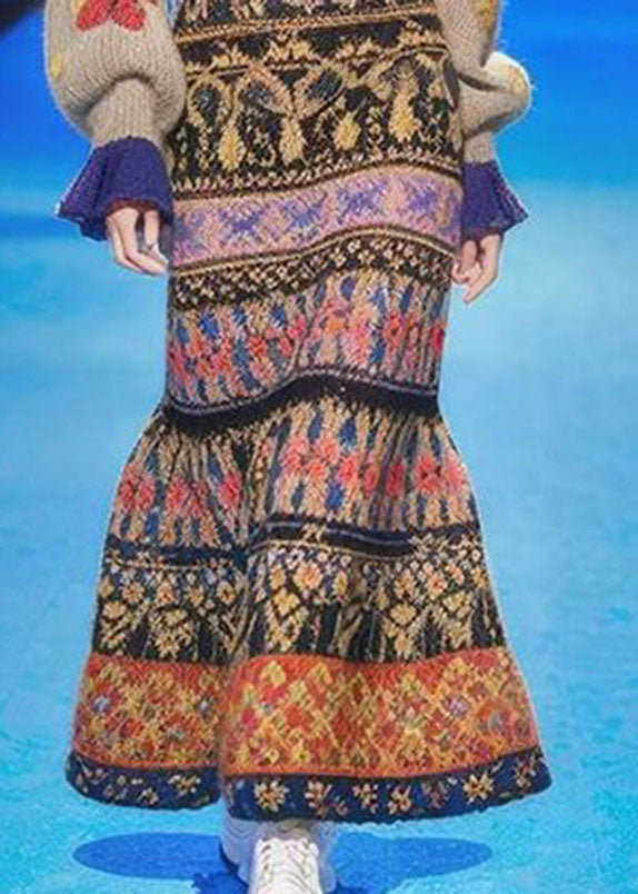 Handmade O-neck Print Cotton Knit Long a Line Sweater Dress Long Sleeve