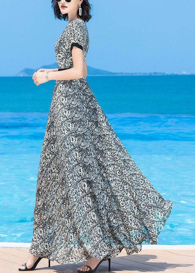 Handmade O-neck Print Elastic Waist Chiffon Long Beach Dress Short Sleeve