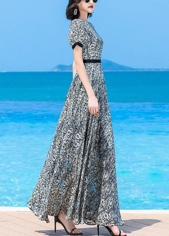 Handmade O-neck Print Elastic Waist Chiffon Long Beach Dress Short Sleeve