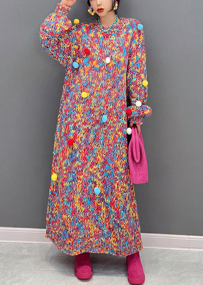 Handmade O-neck Print Fuzzy Ball Decorated Knit Long Sweaters Dresses Winter