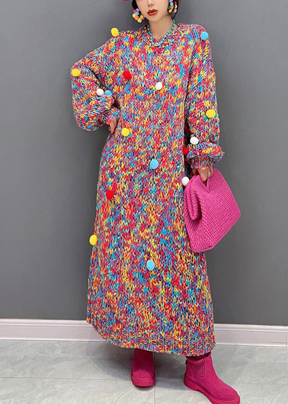 Handmade O-neck Print Fuzzy Ball Decorated Knit Long Sweaters Dresses Winter