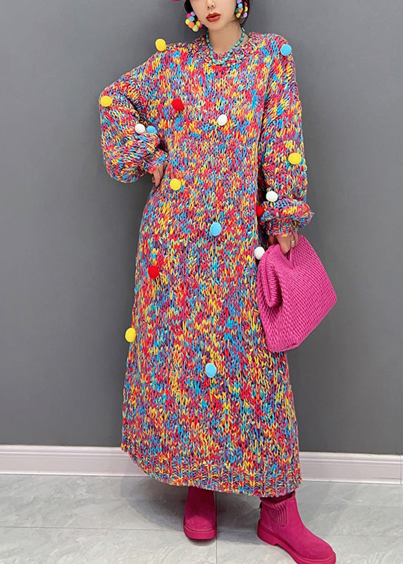 Handmade O-neck Print Fuzzy Ball Decorated Knit Long Sweaters Dresses Winter