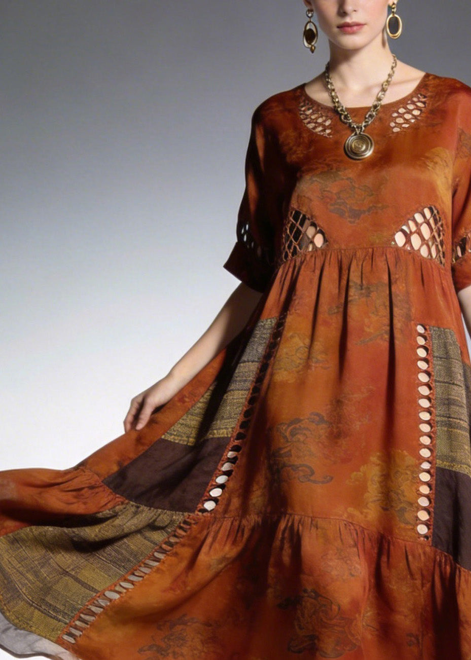 Handmade O Neck Print Patchwork Cotton Dresses Summer