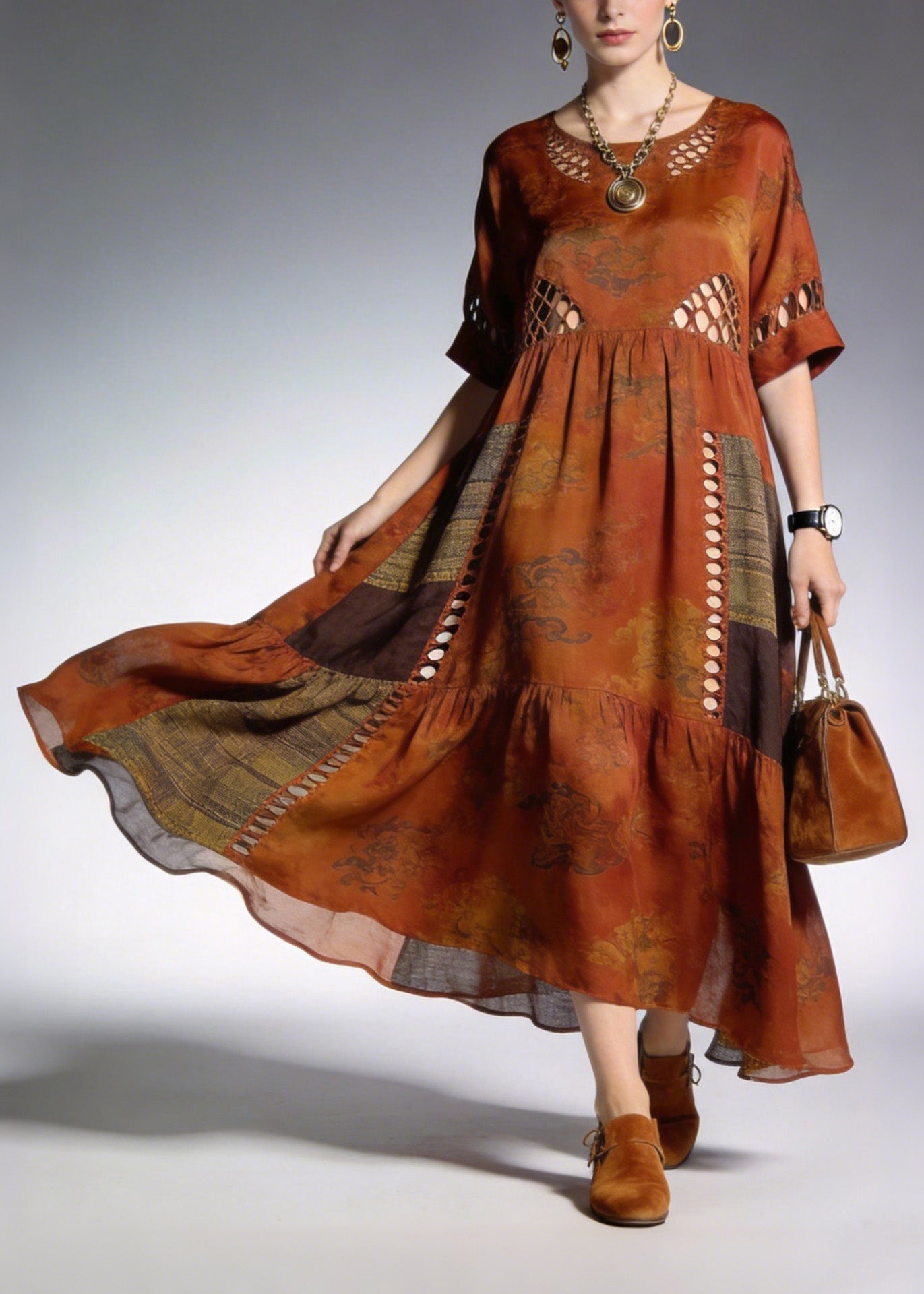 Handmade O Neck Print Patchwork Cotton Dresses Summer