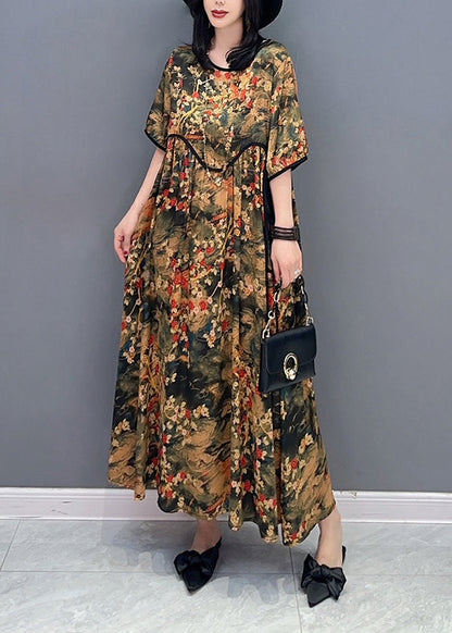 Handmade O-neck Print Patchwork Long Dresses Short Sleeve