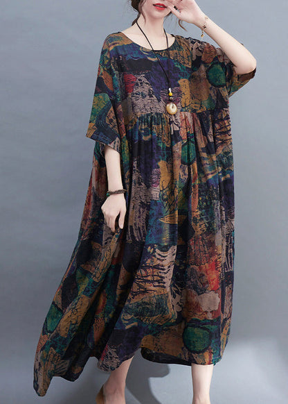 Handmade O-neck Print Patchwork Maxi Dresses Bracelet Sleeve