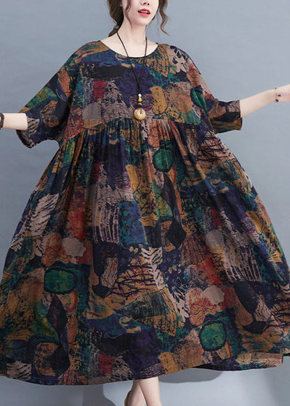 Handmade O-neck Print Patchwork Maxi Dresses Bracelet Sleeve