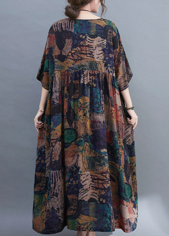 Handmade O-neck Print Patchwork Maxi Dresses Bracelet Sleeve