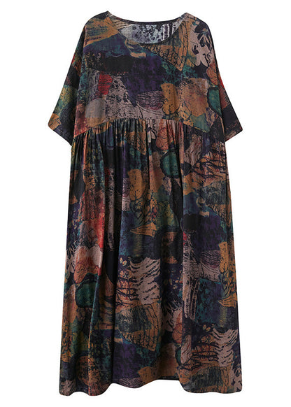 Handmade O-neck Print Patchwork Maxi Dresses Bracelet Sleeve