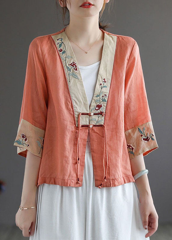Handmade Purple Flowers Deep V Neck Patchwork Cotton Linen Shirt Bracelet Sleeve
