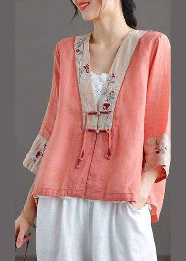 Handmade Purple Flowers Deep V Neck Patchwork Cotton Linen Shirt Bracelet Sleeve