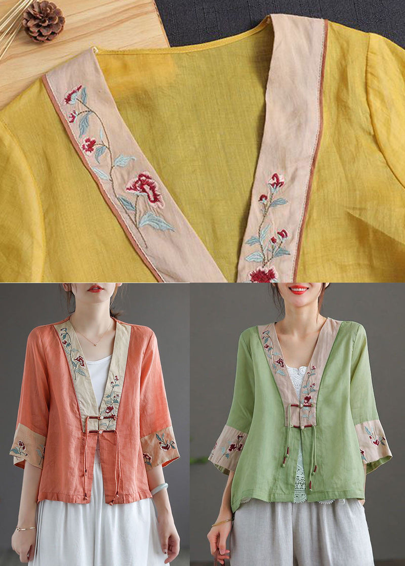 Handmade Purple Flowers Deep V Neck Patchwork Cotton Linen Shirt Bracelet Sleeve