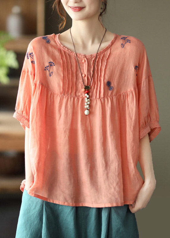 Handmade Orange O-neck Embroideried Button Wrinkled Linen Tops Half Sleeve