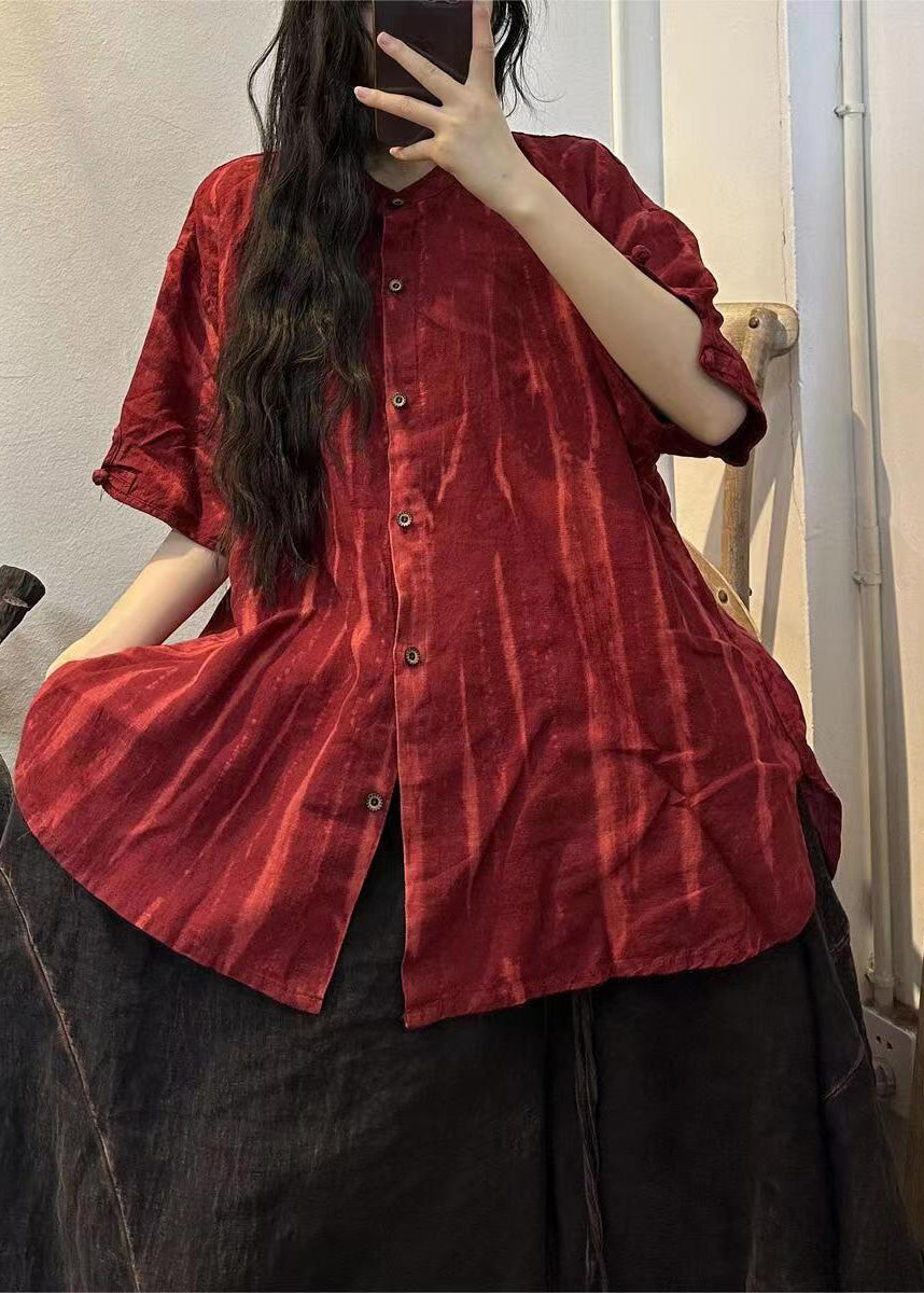 Handmade Orange O-neck Striped Linen Shirts Half Sleeve