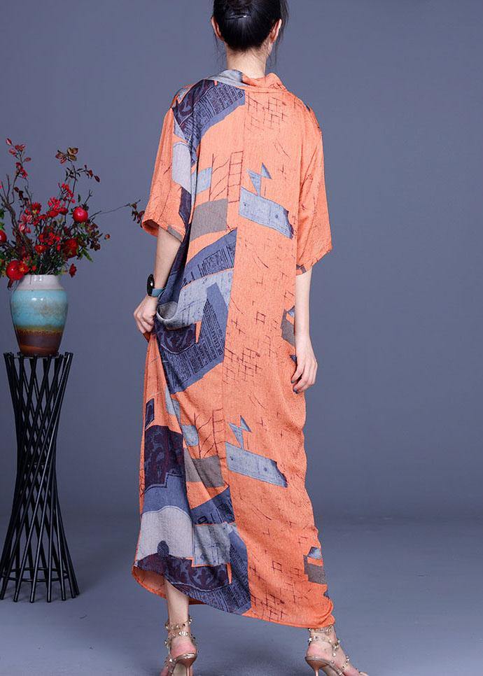 Handmade Orange Print Asymmetrical Design Loose Long Summer Dress