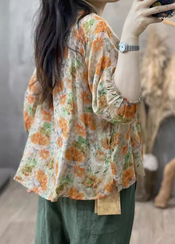 Handmade Orange Ruffled Print Cotton Top Bracelet Sleeve