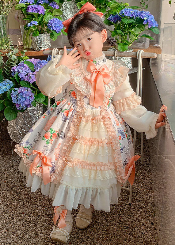 Handmade Orange Stand Collar Print Lace Patchwork Long Dresses Fall