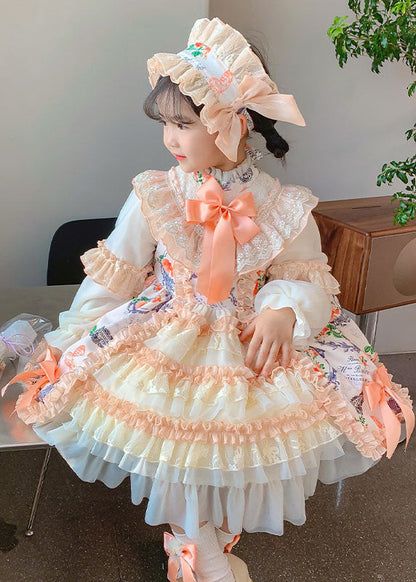 Handmade Orange Stand Collar Print Lace Patchwork Long Dresses Fall