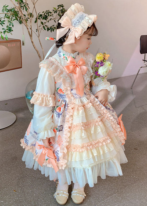 Handmade Orange Stand Collar Print Lace Patchwork Long Dresses Fall