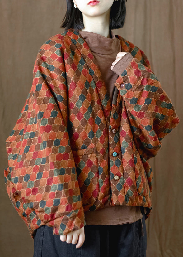 Handmade Orange V Neck Print Pockets Fine Cotton Filled Jacket Batwing Sleeve
