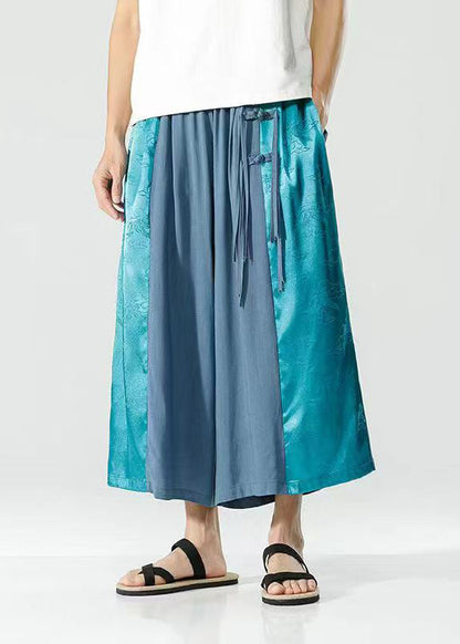 Handmade Peacock Blue Tasseled Patchwork Ice Silk Crop Pants Summer
