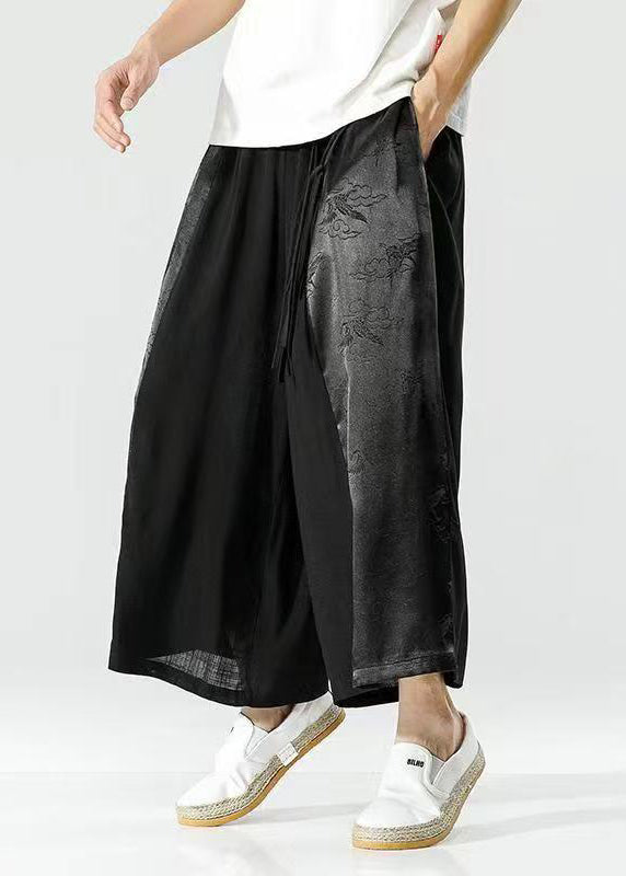 Handmade Peacock Blue Tasseled Patchwork Ice Silk Crop Pants Summer