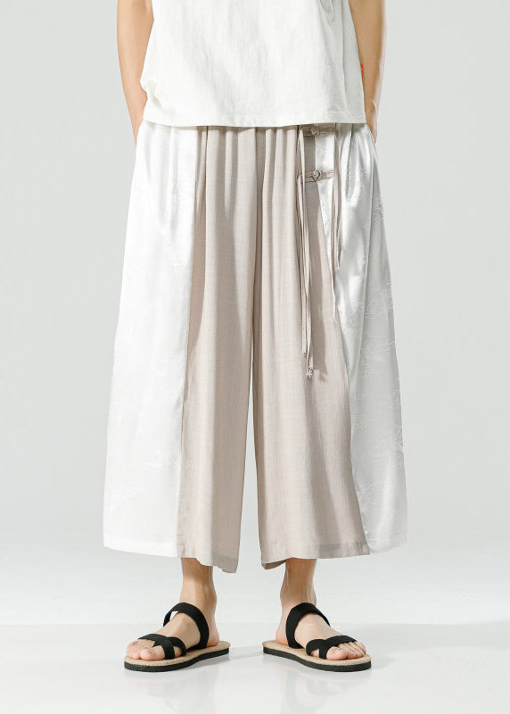 Handmade Peacock Blue Tasseled Patchwork Ice Silk Crop Pants Summer