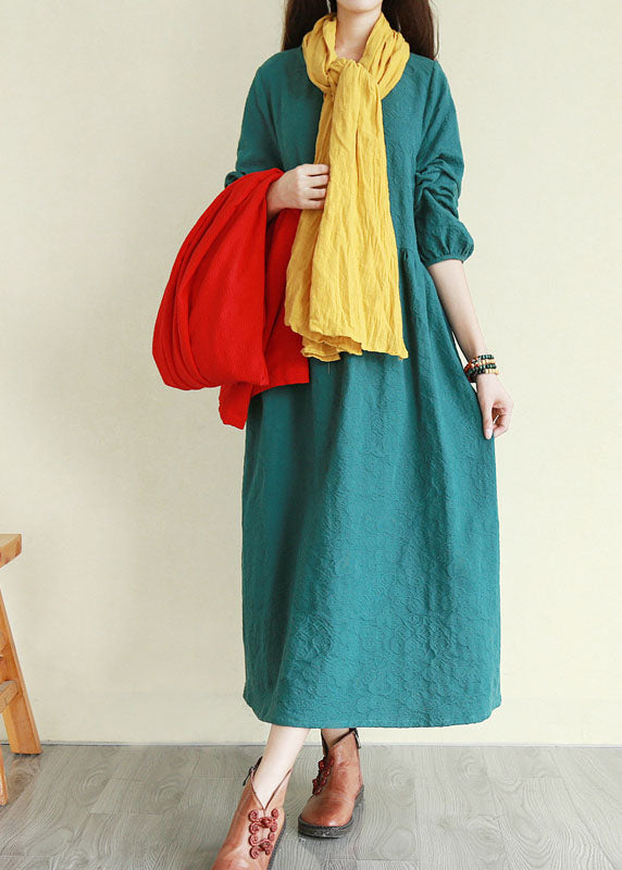 Handmade Peacock Green O-neck Button Cinched Long Dresses Long Sleeve