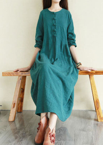 Handmade Peacock Green O-neck Button Cinched Long Dresses Long Sleeve