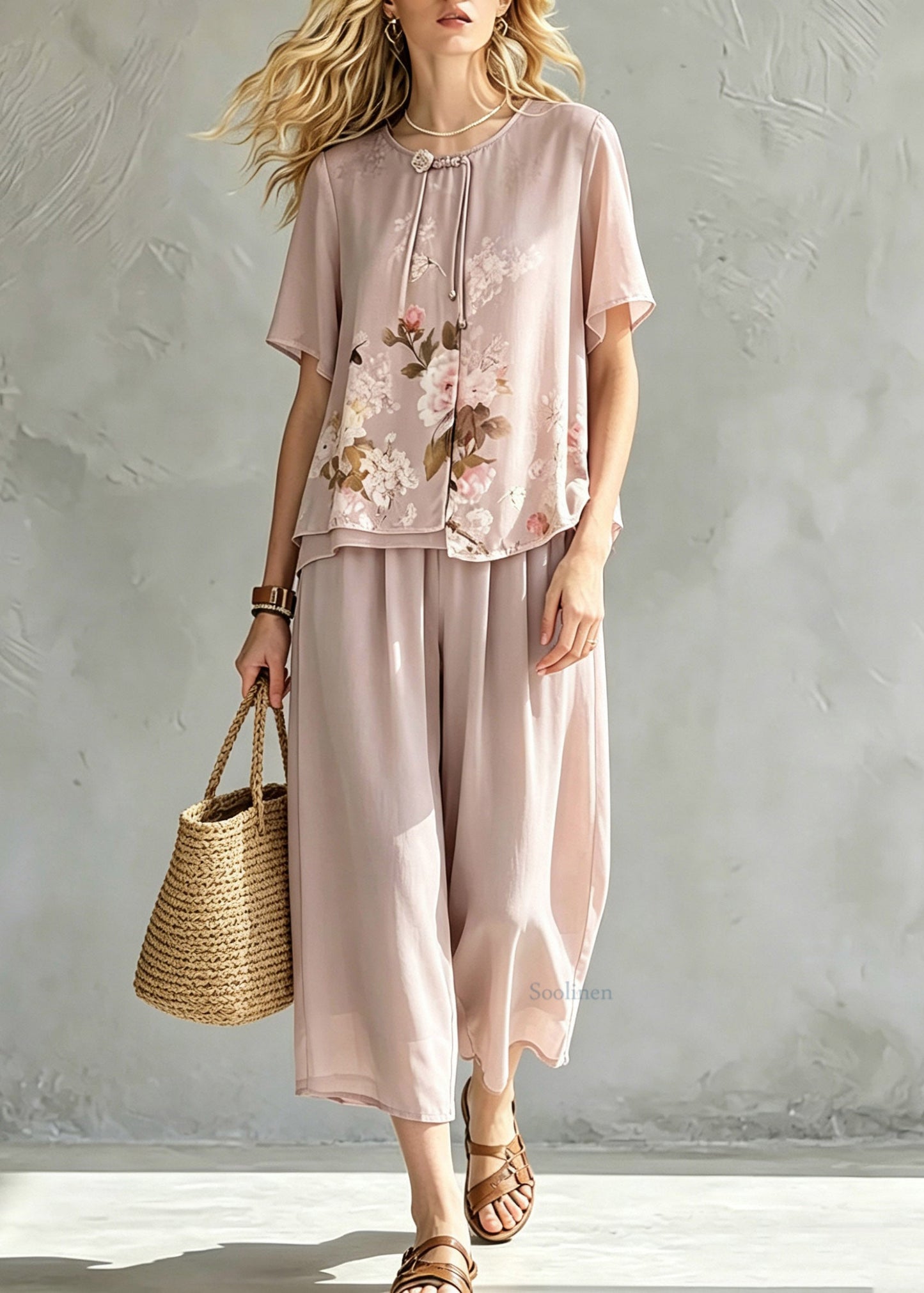 Handmade Pink Asymmetrical Print Chiffon T Shirt and Cop Pants Short Sleeve