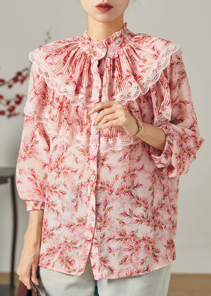 Handmade Pink Double-layer Print Chiffon Top Summer