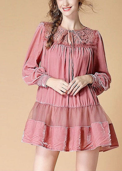 Handmade Pink Embroideried Patchwork Wrinkled Fall Long Sleeve Dress