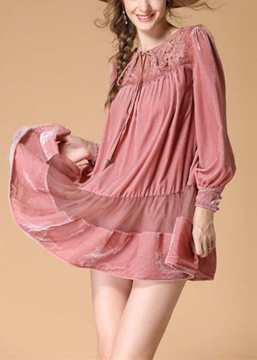 Handmade Pink Embroideried Patchwork Wrinkled Fall Long Sleeve Dress