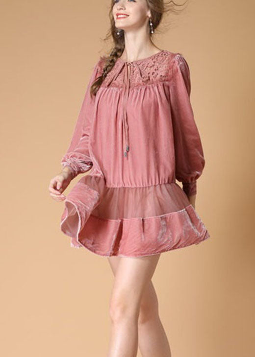 Handmade Pink Embroideried Patchwork Wrinkled Fall Long Sleeve Dress