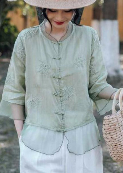 Handmade Pink O-neck Embroidered Button Shirts Summer