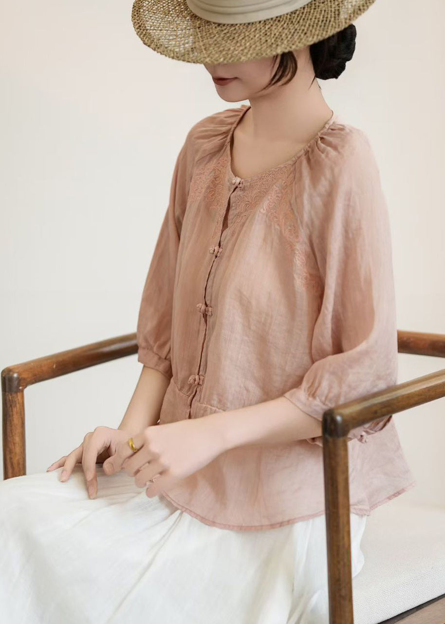 Handmade Pink O-neck Embroidered Linen Shirt Tops Summer
