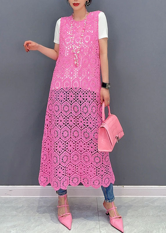 Handmade Pink O-neck Hollow Out Knit Dresses Summer