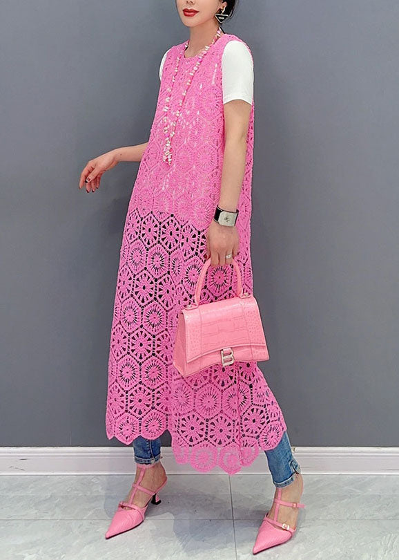 Handmade Pink O-neck Hollow Out Knit Dresses Summer