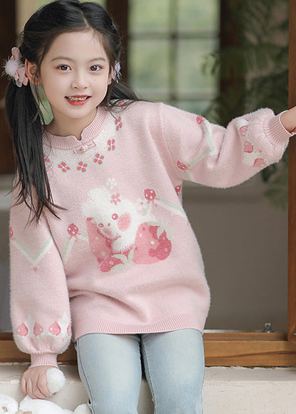 Handmade Pink O-neck Thick Print Cotton Knit Sweaters Spring