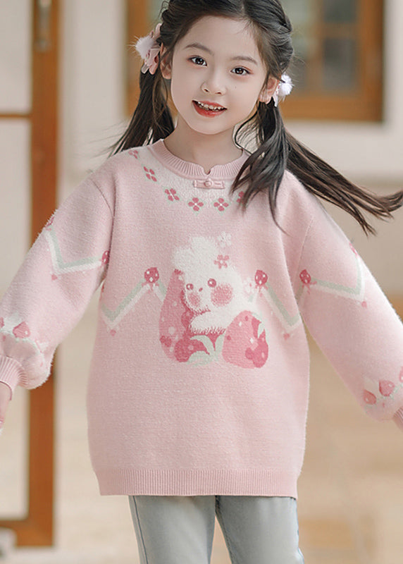 Handmade Pink O-neck Thick Print Cotton Knit Sweaters Spring